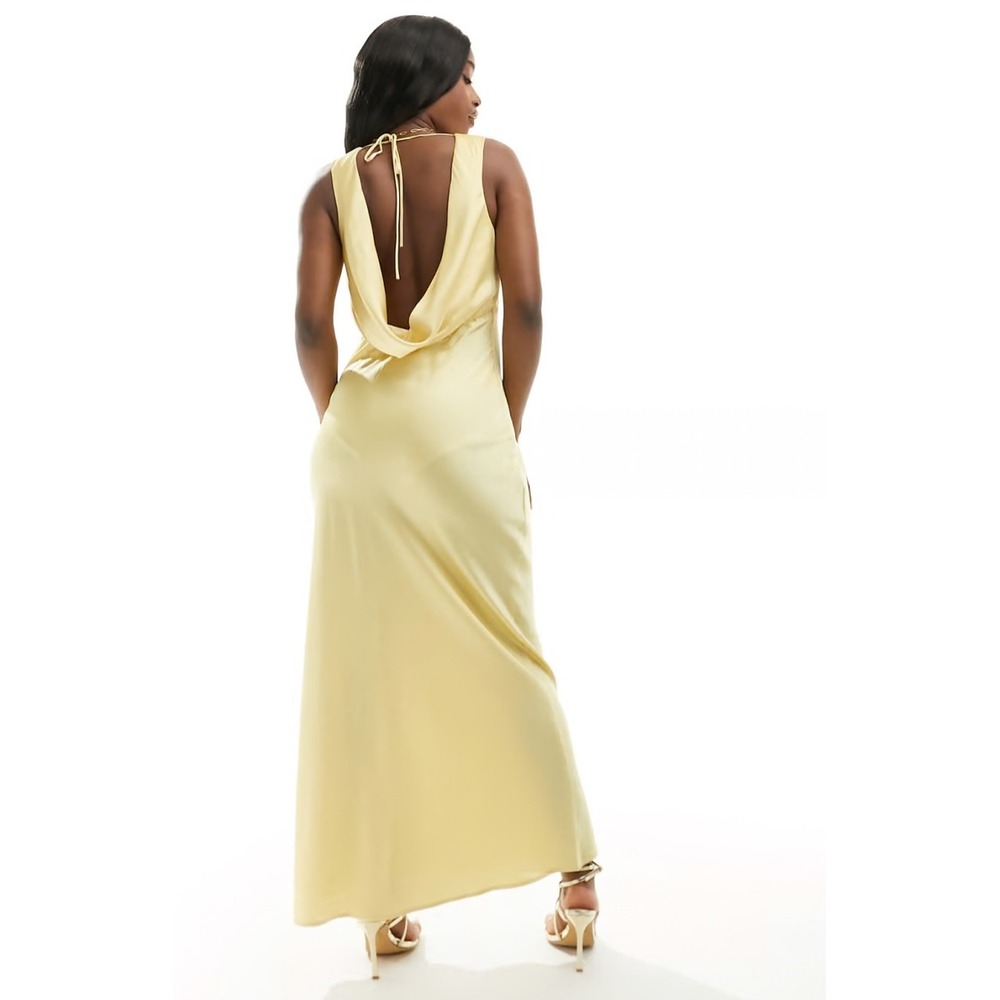 Abercrombie & Fitch Butter Yellow Satin V-Neck Cowl Back Maxi Dress XL - Picture 2 of 9